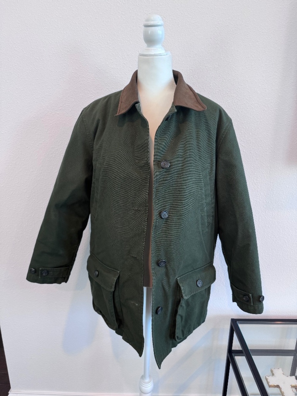 Vintage Women’s Lands End Leather Collar Canvas Green Chore Jacket/Coat M 10-12